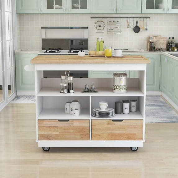 Kitchen Cart, Rolling Mobile Kitchen Island Cart with Solid Wood Top & 4 Universal Wheels, Tableware Cabinet Kitchen Cart with 2 Drawers, Towel Racks & 3 Storage Compartments, White