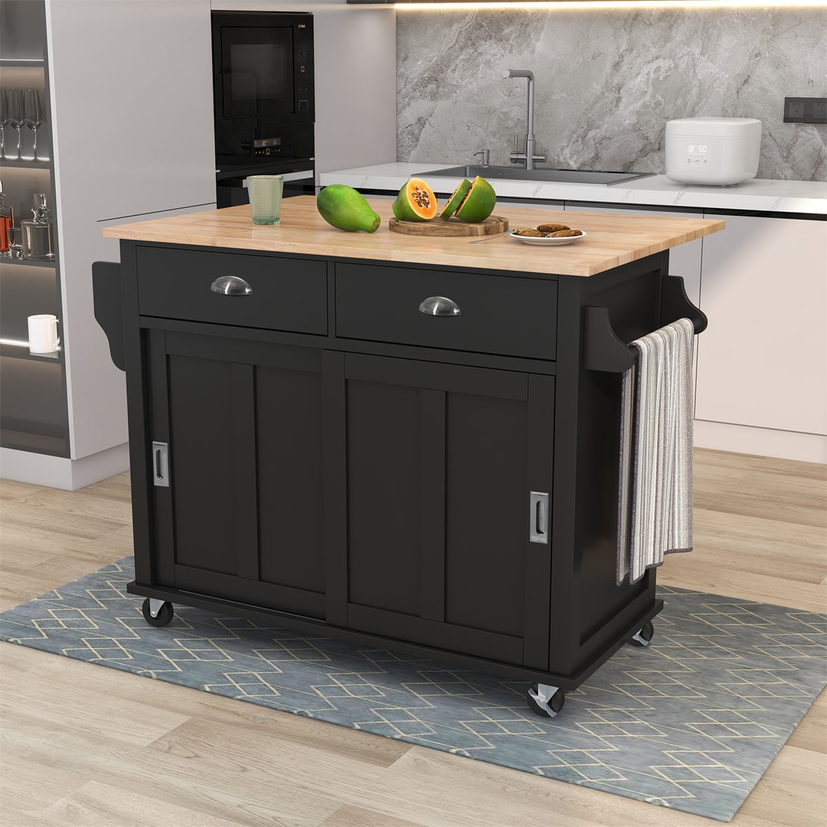 Kitchen Cart with Rubber Wood Drop Leaf Countertop Kitchen Island