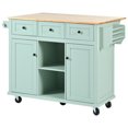 thumbnail image 1 of Kitchen Cart with Rubber Wood Drop-Leaf Countertop, Kitchen Island on 5 Wheels with Storage Cabinet and 3 Drawers for Dinning Room, Green 53.1"x29.5"x37.2", 1 of 9