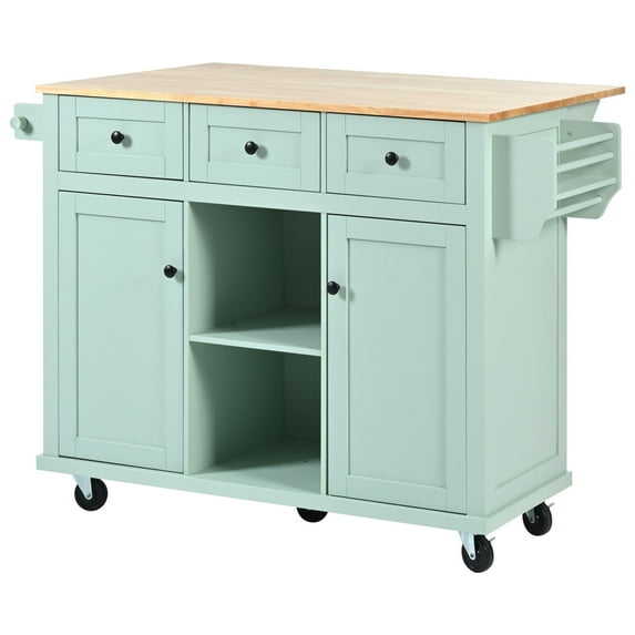 Kitchen Cart with Rubber Wood Drop-Leaf Countertop, Kitchen Island on 5 Wheels with Storage Cabinet and 3 Drawers for Dinning Room, Green 53.1"x29.5"x37.2"