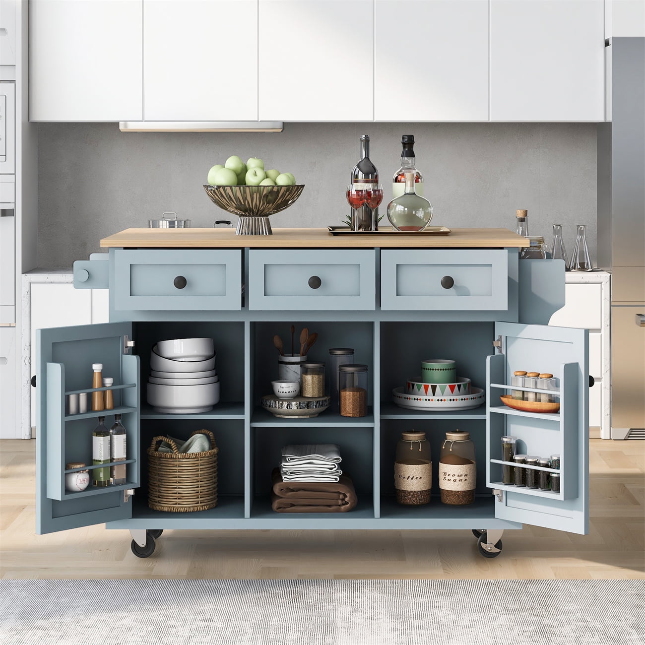 Blue Rubber Wood Kitchen Island with Drop-Leaf Countertop and Storage