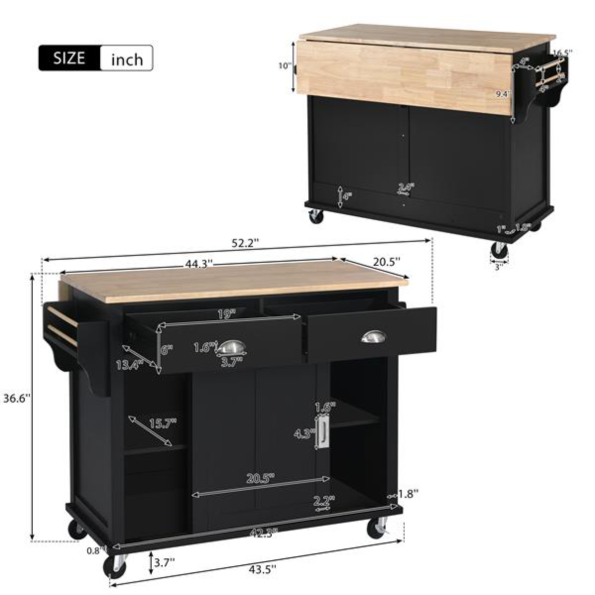 Kitchen Cart with Rubber wood DropLeaf Countertop Concealed sliding