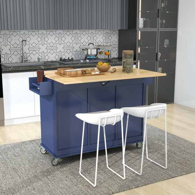 Blue Mobile Kitchen Island, 52.7in with Storage, Solid Wood Top, Towel ...