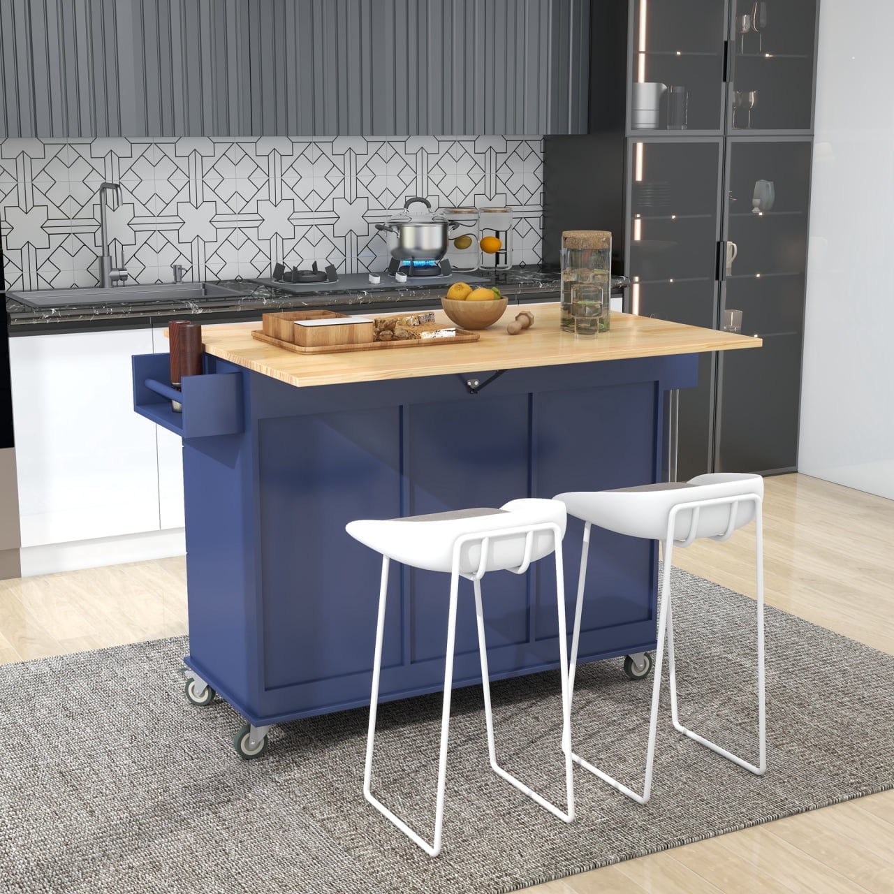 Kitchen Cart with Solid Wood Top and Drop Leaf Breakfast Bar, Rolling Mobile Kitchen Island with Storage, Spice Rack and Towel Rack, 52.7 Inch Width, Blue