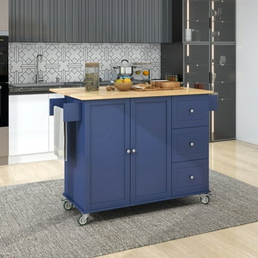 Kitchen Cart with Solid Wood Top and Drop Leaf Breakfast Bar, Rolling Mobile Kitchen Island with Storage and Towel Rack, Kitchen Storage Islands & Carts with Locking Wheels (Blue)