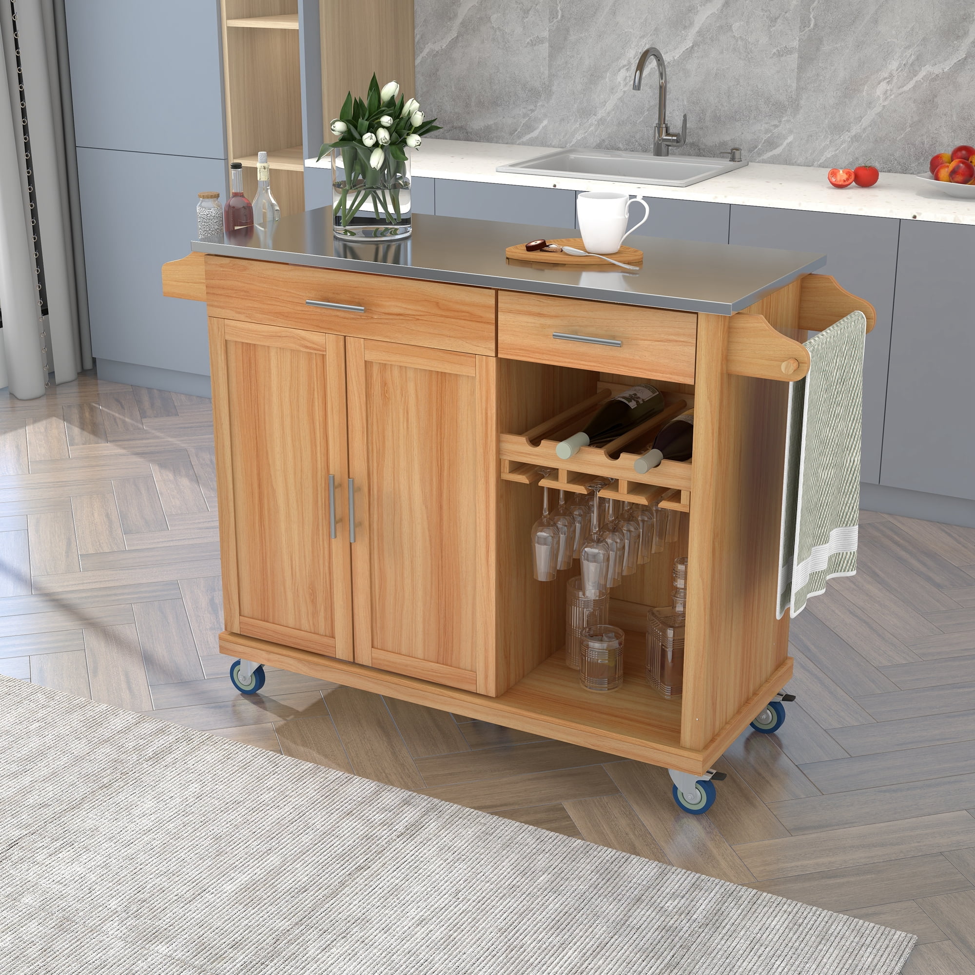 Kitchen Cart with Stainless Steel Top and Storage Kitchen Island with Two Drawers
