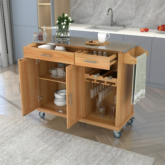 Kitchen Cart with Stainless Steel Top & Storage Cabinet, Mobile Kitchen Island Cart on Wheels with Two Drawers & Goblet Holder & Wine Rack & Spice Rack & Towel Holder, 51Lx18Wx37H Inches, Brown