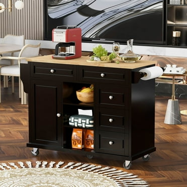 Kitchen Cart with Storage, Rolling Kitchen Cart with Cabinet, Adjustable Shelves and 5 Drawers, Mobile Kitchen Island with Spice Rack and Locking Wheels for Living Room Dining Room Kitchen, Black