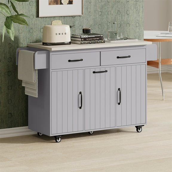 Kitchen Cart with Trash Can Storage, Mobile Kitchen Island With Spice Rack & Towel Holder, Rolling Kitchen Island Table On Wheels With Storage And Drop Leaf