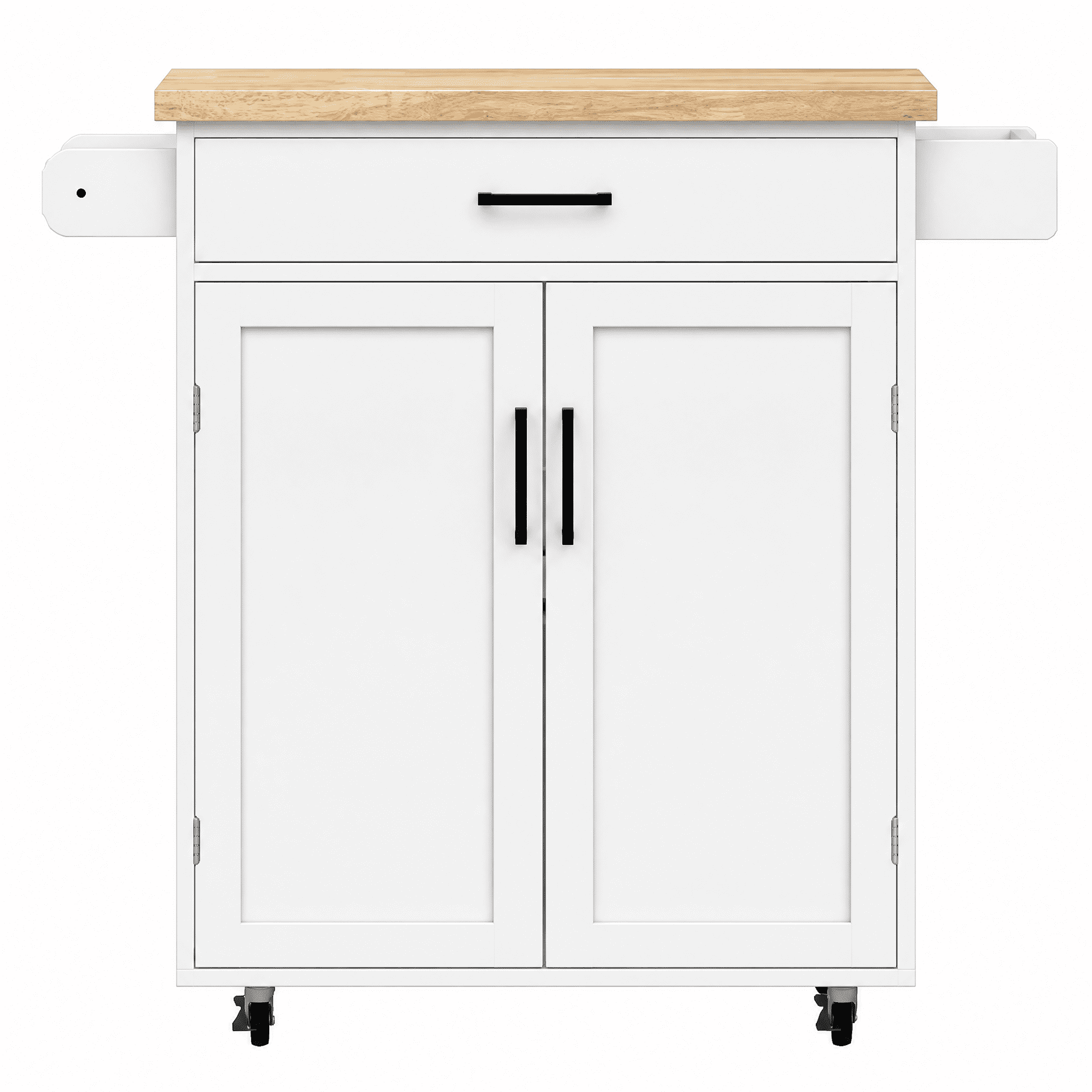 Kitchen Cart Versatile White Kitchen Island with Adjustable Storage towel rack & seasoning rack rubber wood table top-White