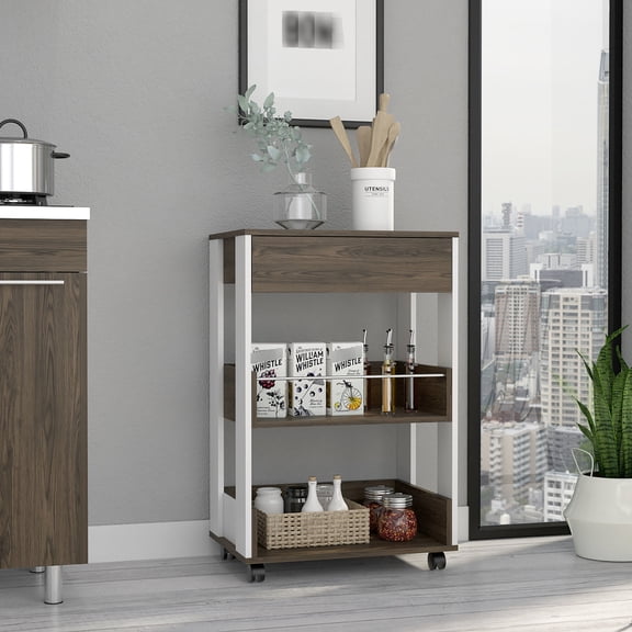 Kitchen Cart - White / Dark Walnut, 4 & 3 Shelves, 40'' Countertop, Convenient Assembly Perception Cart: 3-shelf, 4-caster 27'' X Effortless Process