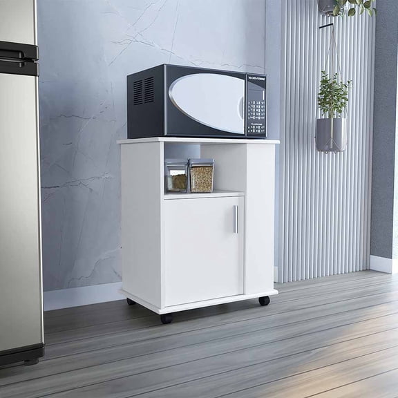 Kitchen Cart in White Finish, Particle Board Mobile Island with 4 Open Shelves and Storage Cabinet, Locking Caster Wheels for Microwave and Decor, Modern Kitchen Utility Station