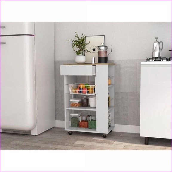Kitchen Cart White & Light Oak 6-Shelf 1-Drawer with Wheels | White | Particle Board
