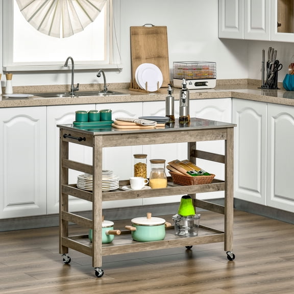 HOMCOM Kitchen Cart Rolling Kitchen Island Utility Trolley with Stainless Steel Top & Storage Wine Rack, Grey