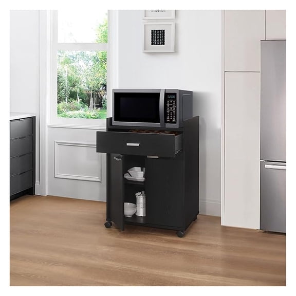 Kitchen Cart on Wheels, Rolling Microwave Stand with Drawer and 2 Doors, Storage Cabinet for Kitchen or Dining Room, Black