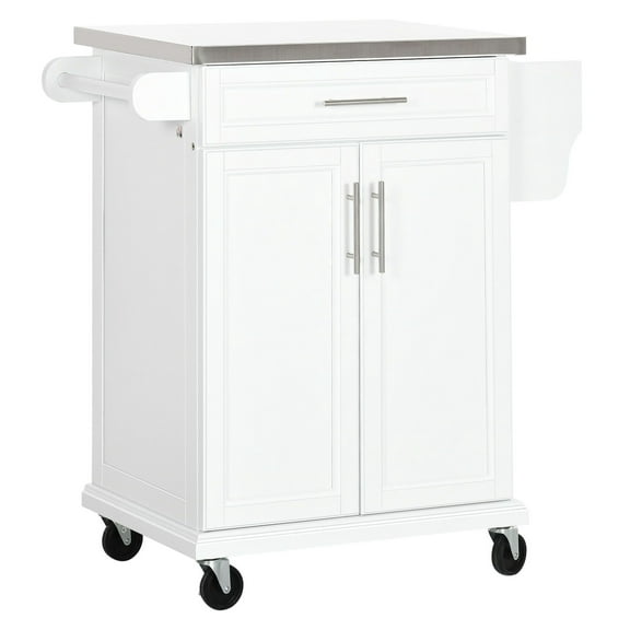 Kitchen Cart on Wheels, White - Stainless Steel Countertop, Drawer, Spice Rack, Towel Bar