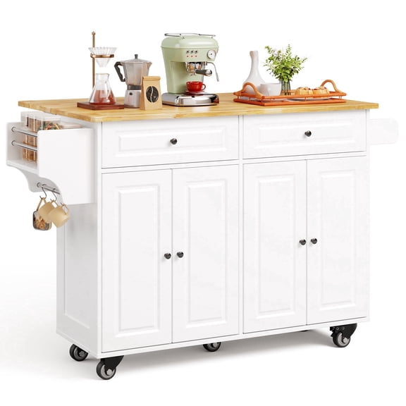 Noelse Rolling Kitchen Island Table with Storage, Drop Leaf Countertop, Kitchen Island with Rubber Wood Top, Cabinets & Rack, White