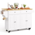 thumbnail image 1 of Noelse 52" Kitchen Island with Drop Leaf, Solid Rubber Wood Top, Kitchen Island Cart with Drawers, Cabinets, Spice Rack & Wheels, Portable Rolling Island Table for Kitchen Storage, White, 1 of 9