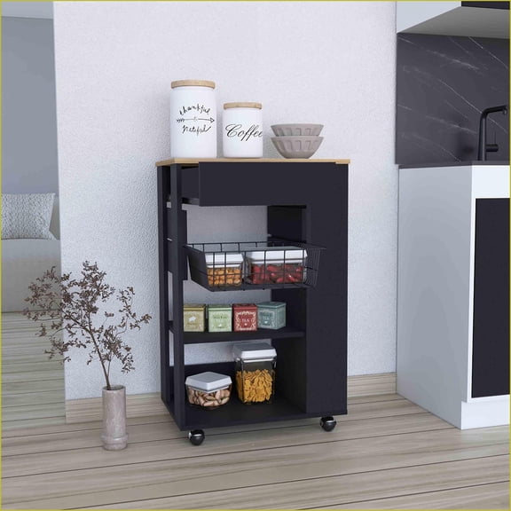 Kitchen Cart with 1 Drawer, 2 Open Shelves, 4 Casters - Black/Light Oak | Modern | Medium (40-55in)