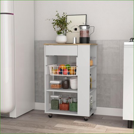 Kitchen Cart with 1 Drawer, 2 Shelves & 4 Casters | White/Light Oak | Modern | Particle Board