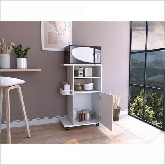 Kitchen Cart with 27.96 Microwave Top | Single Door Cabinet, Four Casters | White Particle Board