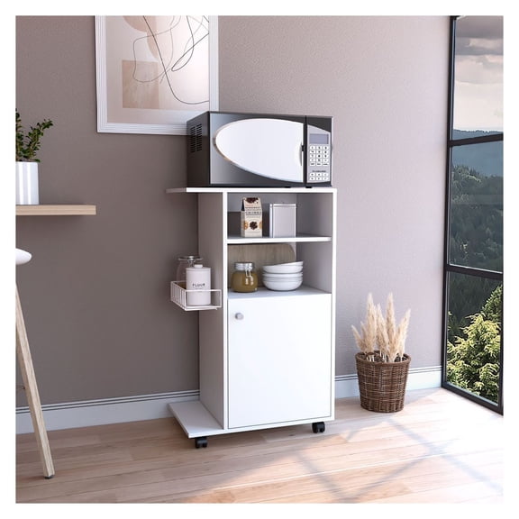 Kitchen Cart with Doors & Casters, White - Rolling Kitchen Island, Single Door Cabinet, Microwave Stand, 27.96 Inch Kitchen Storage