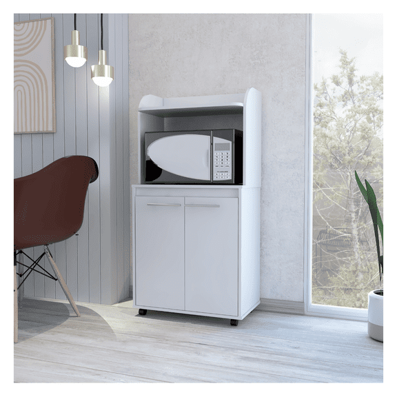 Kitchen Cart with Doors & Shelves - White Rolling Storage Cabinet - Microwave Cart for Kitchen - Two Door Kitchen Island - DEPOT E-SHOP Lucca
