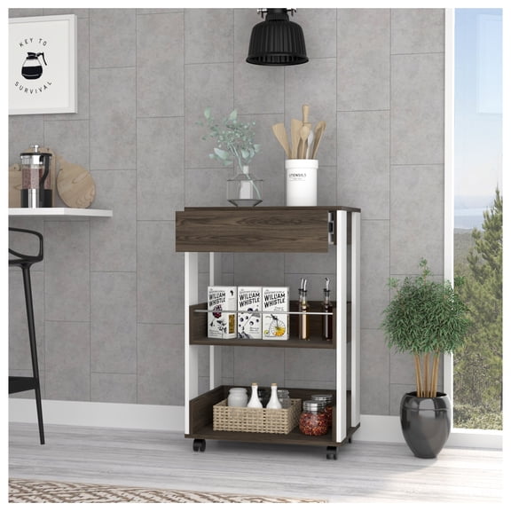 Kitchen Cart with Drawer & Shelves, Rolling Kitchen Island, White/Dark Walnut Finish - Portable Server for Dining & Kitchen Storage