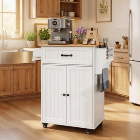 5-in-1 Mobile Kitchen Island Cart with Drawer, Cabinet, Spice Rack, Towel Bar & Adjustable Shelf | 33" White & Oak Rolling Kitchen Cart