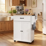 5-in-1 Mobile Kitchen Island Cart with Drawer, Cabinet, Spice Rack, Towel Bar & Adjustable Shelf | 33 White & Oak Rolling Kitchen Cart