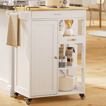 Aiho Kitchen Island Cart on Wheels with Towel Bar and Hooks, Rolling Mobile Serving Utility Cart with Drawer and Adjustable Shelves, White