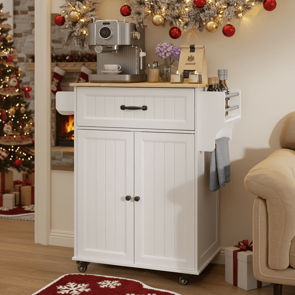 5-in-1 Mobile Kitchen Island Cart with Drawer, Cabinet, Spice Rack, Towel Bar & Adjustable Shelf | 33" White & Oak Rolling Kitchen Cart