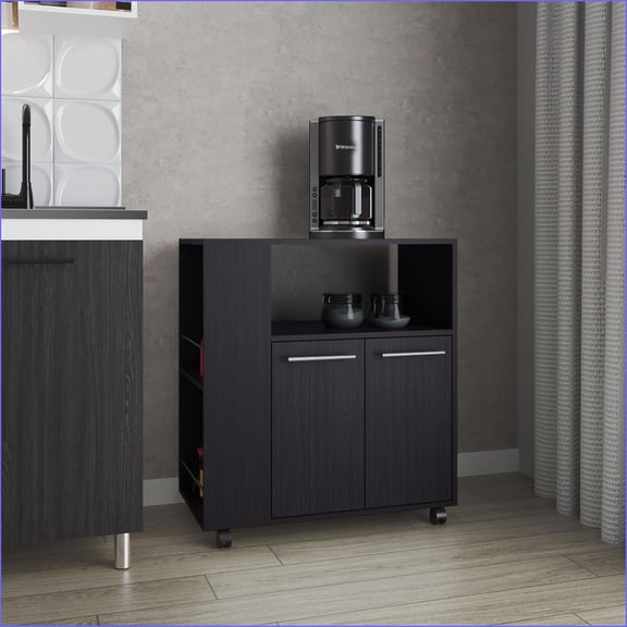 Kitchen Cart with Microwave Shelf, Open Storage & Two-Door Cabinet | Modern Wengue | Small (Under 40in) | Particle Board