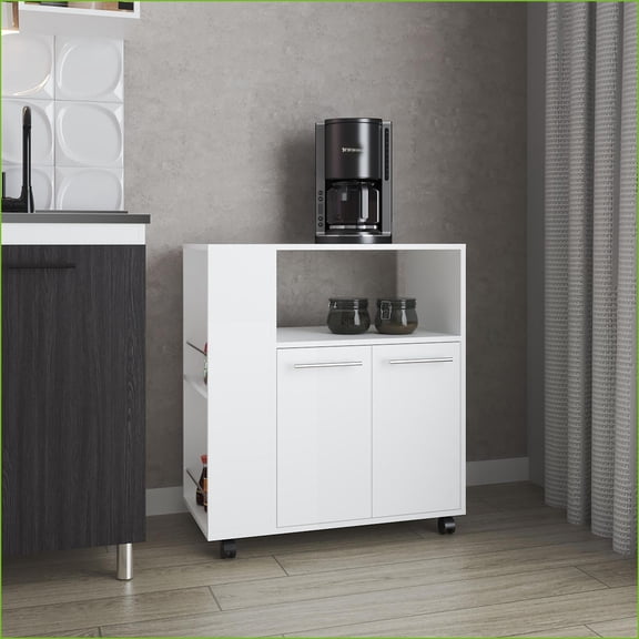 Kitchen Cart with Microwave Shelf, Open Storage & Two-Door Cabinet  Small Modern Snow White | Particle Board | Melamine