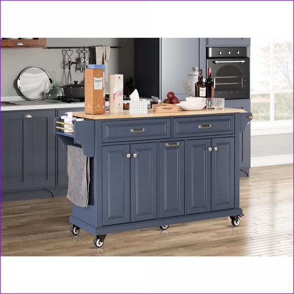 Kitchen Cart with Rubber Wood Top | Storage Cabinet, 3 Drawers, 5 Wheels | Blue, Large 56 in