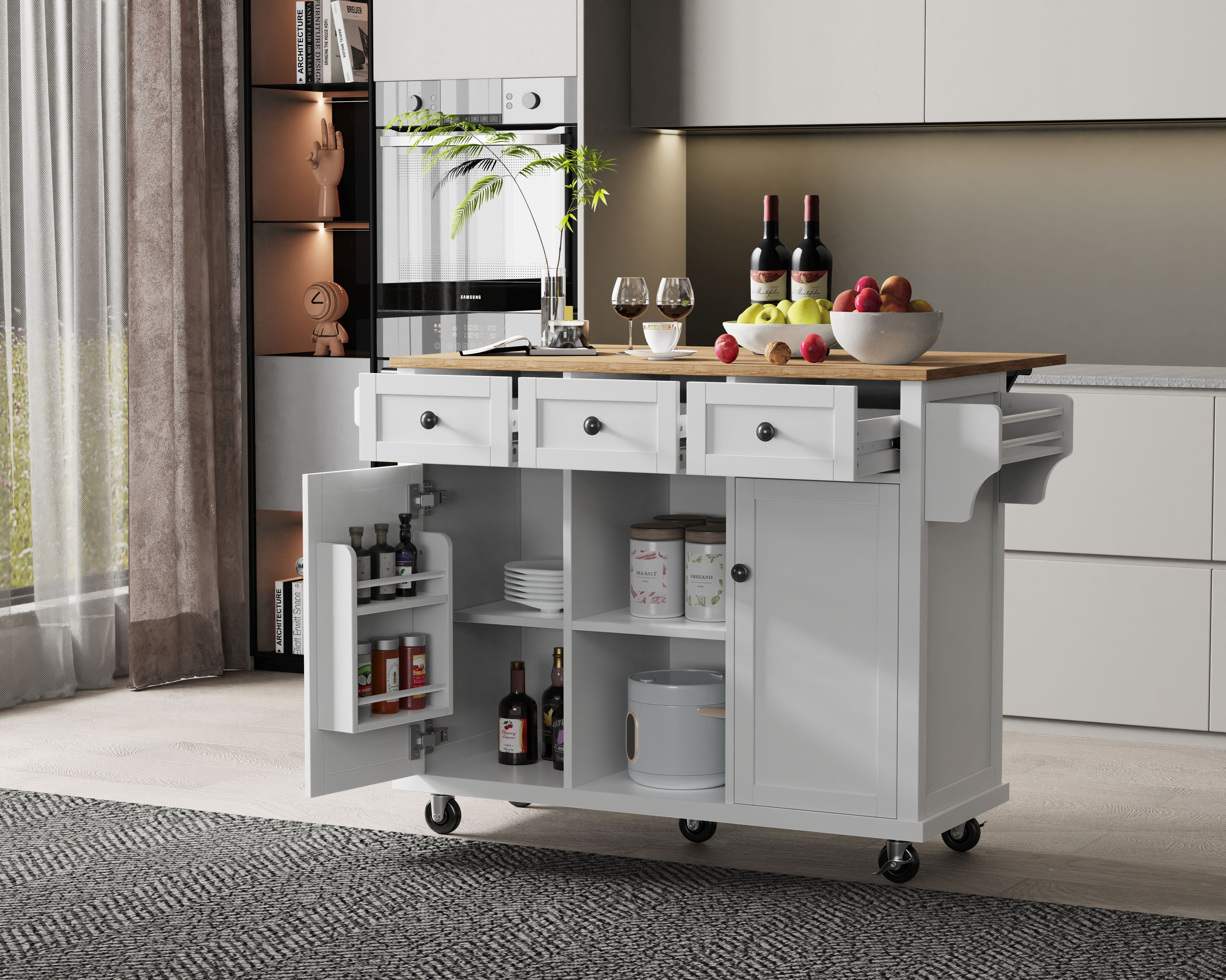Kitchen Cart with Rubber wood Drop-Leaf Countertop, Rolling Kitchen Island on 5 Wheels with Storage Cabinet, White