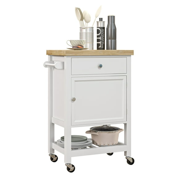 Kitchen Cart with Rubberwood Top, Rolling Kitchen Island - White Butcher Block, Storage Drawer & Cabinet, 25" W x 15.75" D White + Engineered Wood