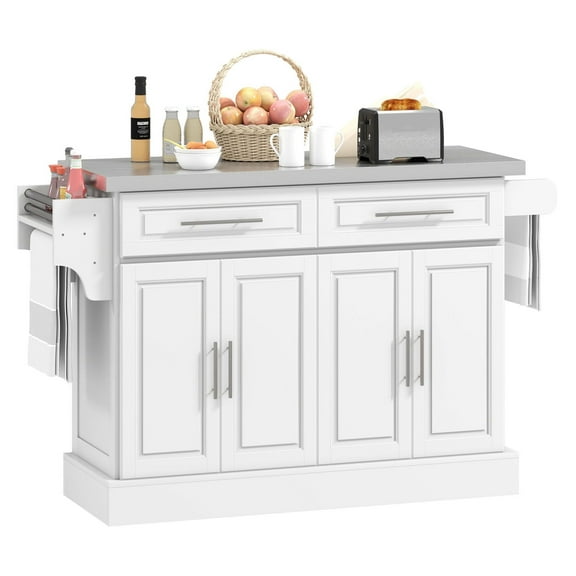 Kitchen Cart with Stainless Steel Top, Rolling Island with Spice Rack - White Kitchen Island on Wheels