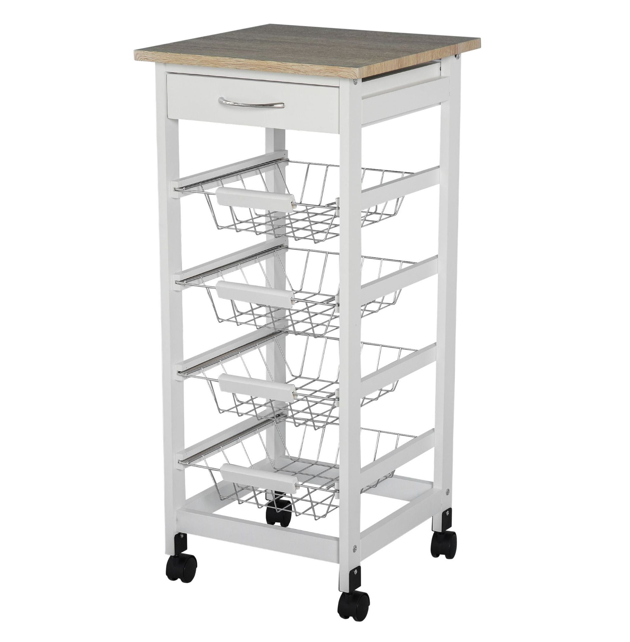 Kitchen Cart with Wheels, 32.25" Rolling Island, White Wood Storage Cart with Drawers & Baskets, Microwave Cart for Kitchen, Living Room, Bathroom
