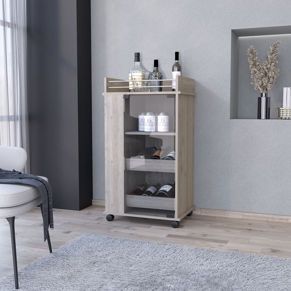 Kitchen Carts, Baltimore Bar Cart with Casters, Glass Door and 2-Side Shelf, Grey Kitchen Islands,Engineered Wood Metal Kitchen Carts, Furniture Dining Furniture Kitchen Islands & Carts