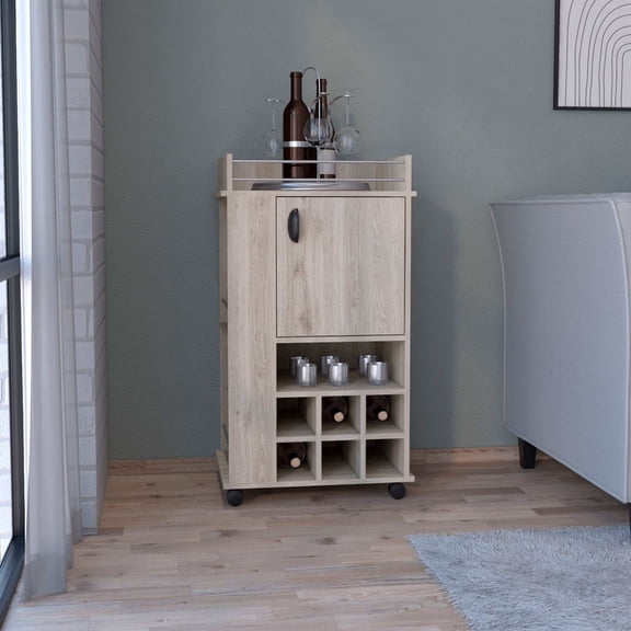 Kitchen Carts, Bar Cart with 6 Built-in Wine Rack and Casters, Light Gray, Gray Kitchen Islands,Particle Board Metal Kitchen Carts, Furniture Dining Furniture Kitchen Islands & Carts