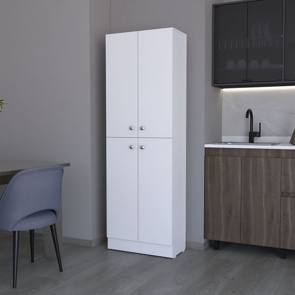 Kitchen Carts, Cameron Pantry Cabinet with 4 doors and 5 hidden shelves, White Kitchen Islands,Engineered Wood Metal Kitchen Carts, Furniture Dining Furniture Kitchen Islands & Carts
