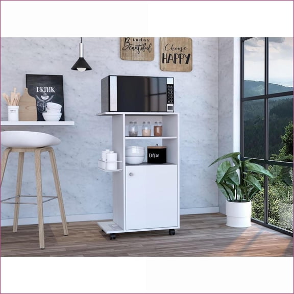 Kitchen Carts | Columba 27.96'' Microwave Countertop, Single Door Cabinet, Four Casters | White | Engineered Wood