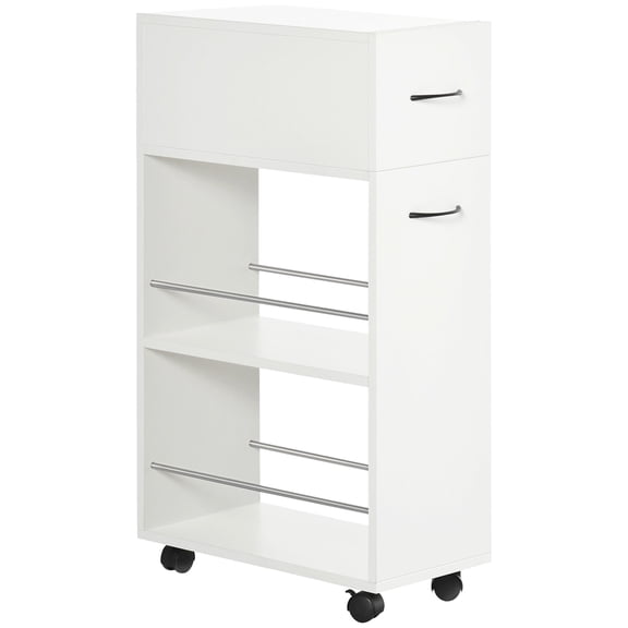 Kitchen Carts, HOMCOM 3- tier Slim Storage Cart, Rolling Narrow Kitchen Cart on Wheels for Small Place, Slide Out Side Utility Cart for Bathroom, Laundry, White Kitchen Islands,Metal Kitchen Carts