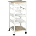 thumbnail image 1 of Kitchen Carts, HOMCOM Mobile Kitchen Cart, Rolling Kitchen Island with Storage, Solid Wood Frame Utility Cart with Wire Fruit Baskets, Trays and Drawer, White, White Kitchen Islands, 1 of 10