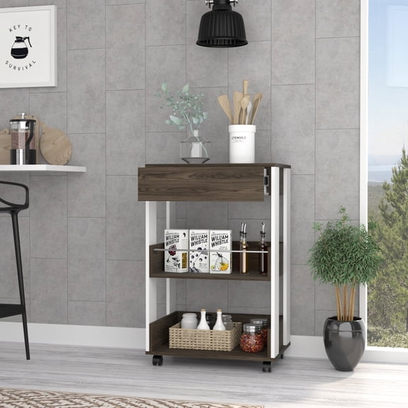 Kitchen Carts, Kitchen Cart Coron with Drawer, Three-Tier Shelves and Casters, White / Dark Walnut Finish, White+Walnut Kitchen Islands,Particle Board Metal Kitchen Carts