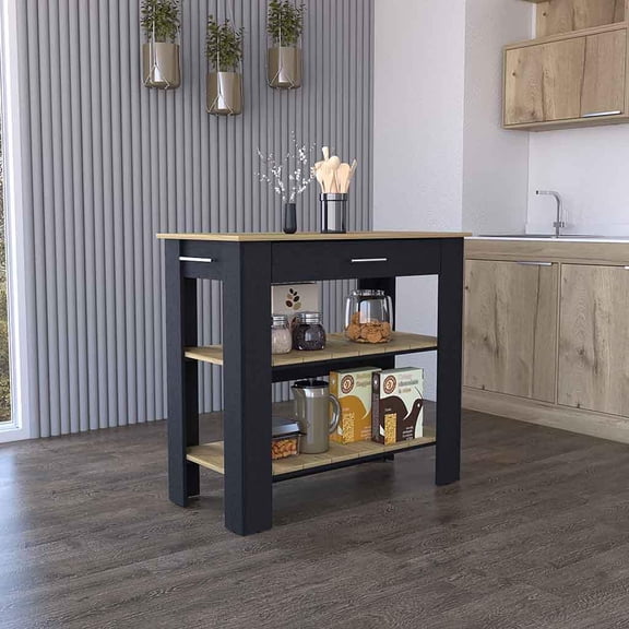 Kitchen Carts, Kitchen Island 40 Inches Dozza, Two Shelves, Black Wengue / Light Oak Finish, Light Oak Kitchen Islands,Particle Board Metal Kitchen Carts