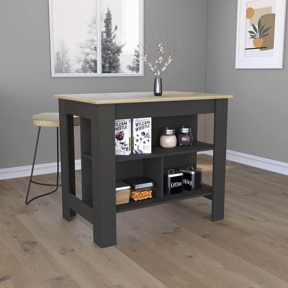 Kitchen Carts, Kitchen Island, kitchen table 35" H, Four Legs, Three Open Storage Shelves, Black / Light Oak, Multicolor Kitchen Islands,Particle Board Metal Kitchen Carts