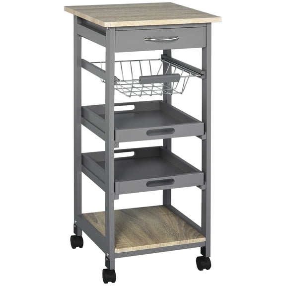 Kitchen Carts, Mobile Rolling Kitchen Island Trolley Serving Cart with Underneath Drawer & Slide-Out Wire Storage Basket, Grey, Grey Kitchen Islands,Mdf Metal Kitchen Carts