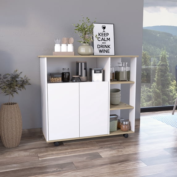 Kitchen Carts, Paprika Kitchen Cart, Four Casters , Four Open Shelves, Double Door Cabinet -Light Oak / White, Multicolor Kitchen Islands,Particle Board Metal Kitchen Carts